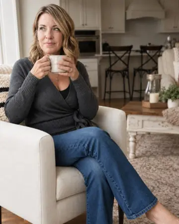 Maureen with a cup of coffee at home